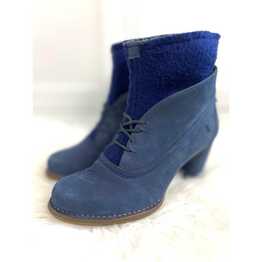 El Naturalista Colibri Blue Suede Leather Knitted Heeled Booties Boots EU39 US8